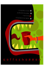 Horror movies. Coffee machine like a bloodthirsty monster. Coffeehorror. Vector image for prints, poster and illustrations. 
