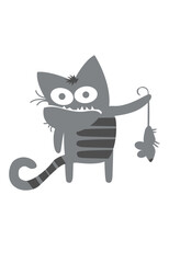 The gray cat had just caught a mouse. Comic character. Vector image for prints, poster and illustrations.