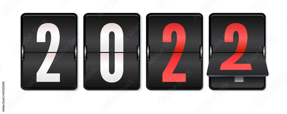 Poster new 2022 year is coming. mechanical scoreboard with numbers 2022. realistic mechanical counter isola
