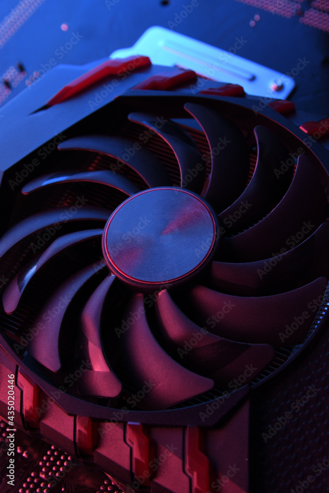 Poster computer game graphics card, videocard with two coolers on circuit board ,motherboard background. cl