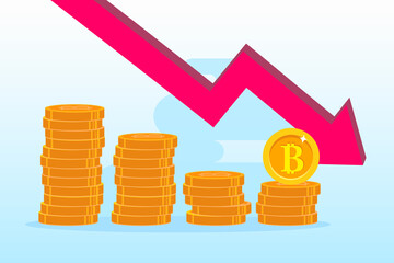 The Fallen In Price Bitcoin Flying Down On Red Arrow. Bankrupt Bitcoin. illustration flat vector template