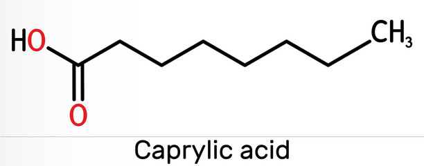 Caprylic acid, octanoic acid  molecule. It is straight-chain saturated fatty and carboxylic acid. Salts are octanoates or caprylates. Skeletal chemical formula