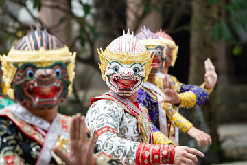 The performance of Thai traditional drama story Khon epic, Ramakien or Ramayana with Hanuman (white...