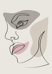 Line art portrait of a girl. Minimalistic abstract one line art portrait of a woman on a beige background. Continuous line. Vector illustration.