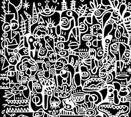 Fototapeta premium Black and white cartoon pattern on black background, abstract design 