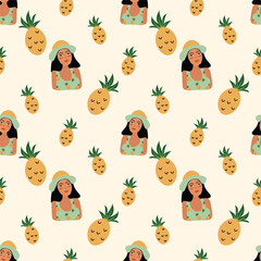 Fototapeta premium Summer vector illustration seamless pattern with cute women. Summer holliday, vacation, travel. Vector templates for card, poster, flyer, banner and other use.