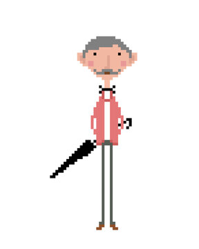 Image of pixel grandpa carrying an umbrella. Vector illustration of a cross stitch pattern.