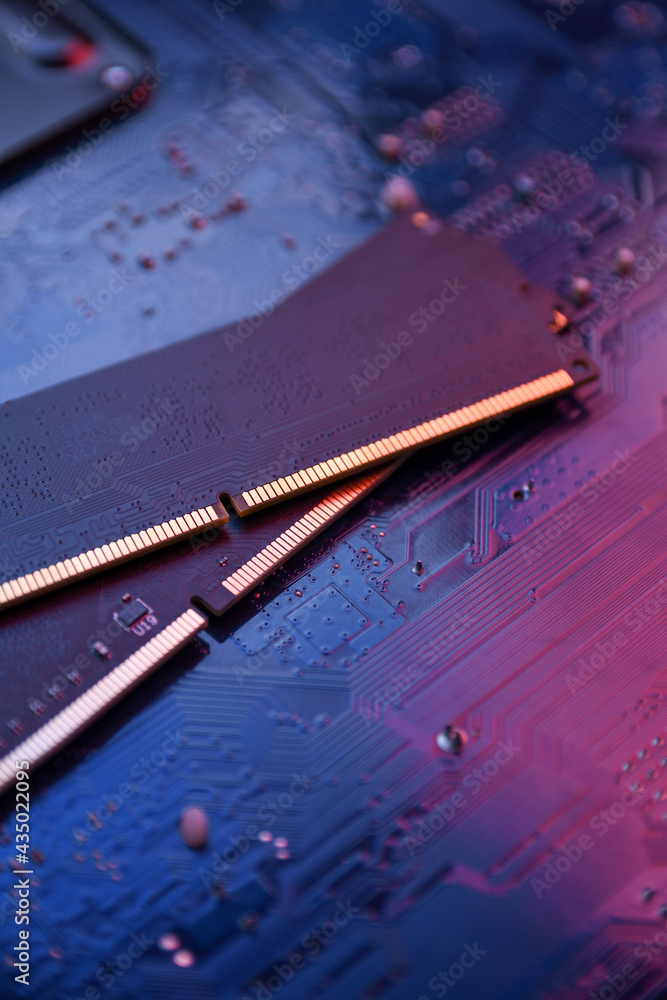 Poster Computer memory RAM on motherboard background . Close up. system, main memory, random access memory, onboard, computer detail. Computer components . DDR3. DDR4. DDR5
