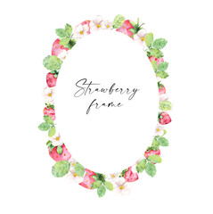 Watercolor illustration. Template for text. Botanical frame made of strawberries and flora.
