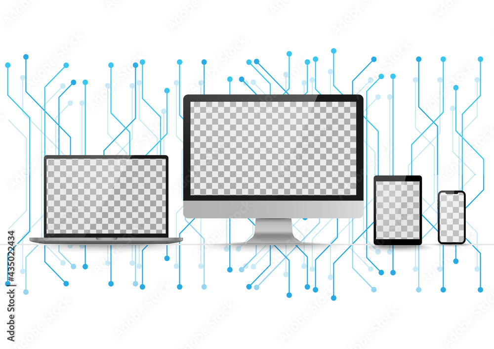 Poster display screen. realistic set of monitor, tablet, laptop, smartphone blank isolated devices on circu