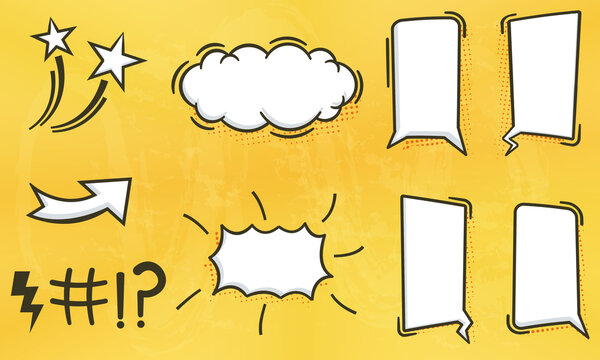 illustration collection of blank comic speech bubbles in various shapes with halftones, hand drawn. elements of posters, cards, banners, leaflets, comic books, social media.