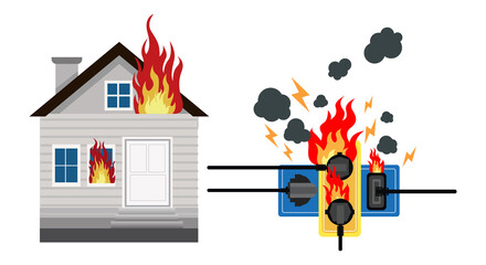 Power plug is full, Short circuit, House fire, Safety first,  Vector Illustration