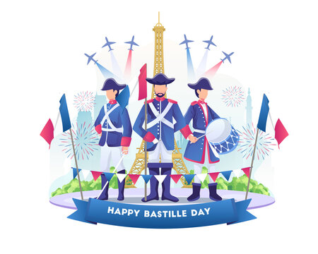 Bastille day celebration with people wearing french army outfits. Happy Bastille Day of France on 14th July illustration