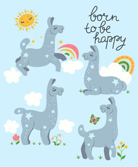 Postcard with cute lamas and the inscription born to be happy. Vector graphics.
