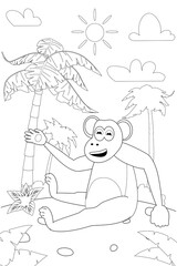 Jungle, Africa safari animal Monkey coloring book edicational illustration for children. Vector white black cartoon outline illustration