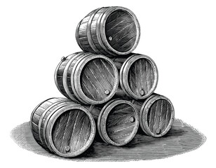 Stack of Beer barrel hand drawn vintage engraving style black and white clip art isolated on white background