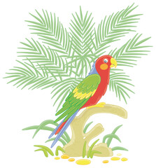 Amusing colorful long-tailed exotic parrot perched on a tree branch among green palm leaves in a tropical jungle, vector cartoon illustration isolated on a white background