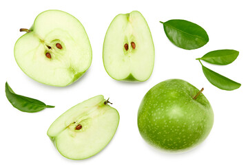 green apple with slices isolated on a white background. top view. clipping path