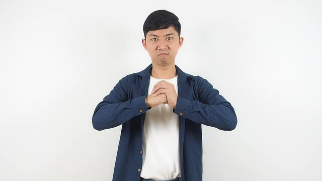 Asian man confident face bumb his fist for fighting the job concept