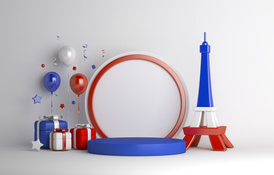 Happy Bastille Day display podium decoration background with eiffel tower balloon gift box confetti copy space text, 3D rendering illustration