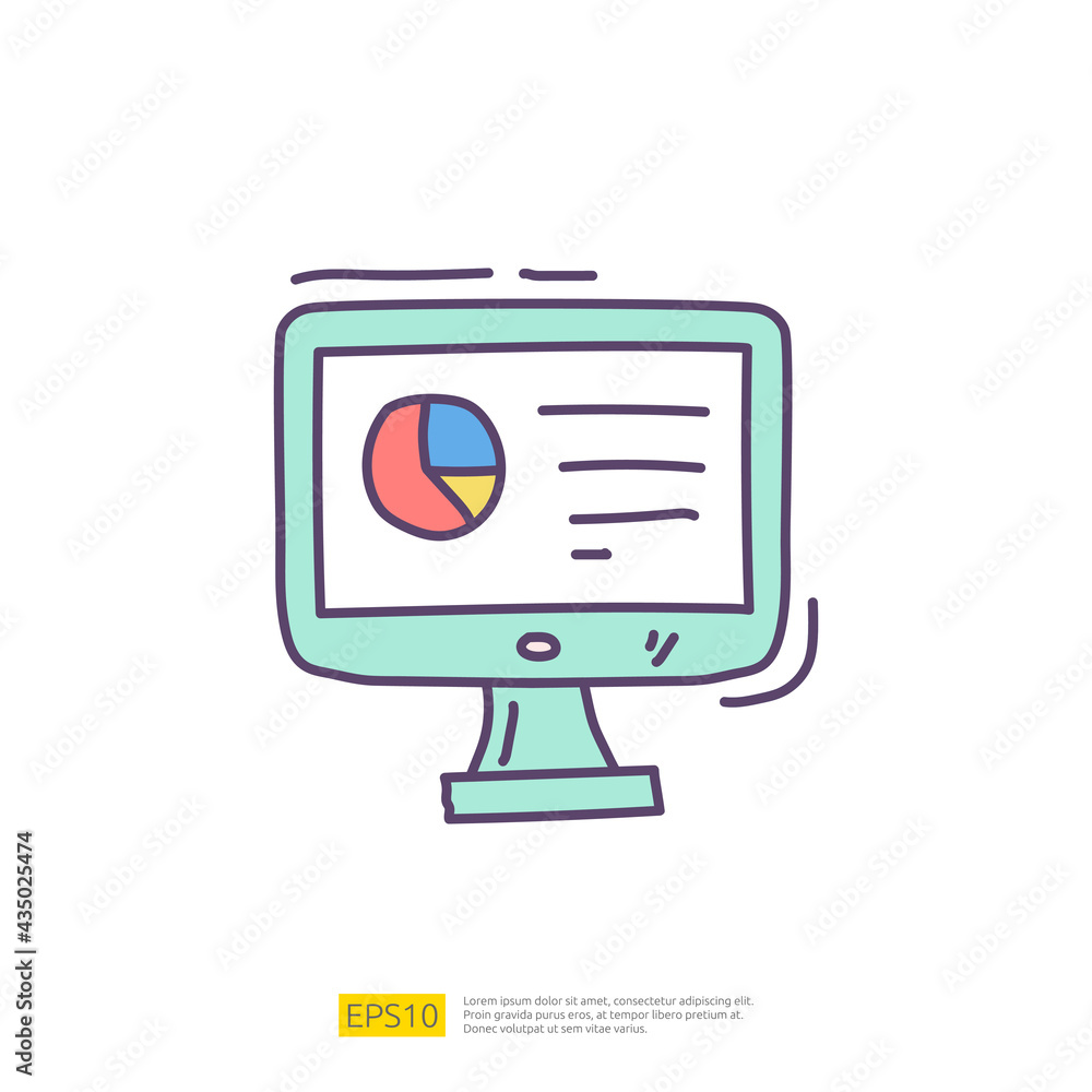 Poster data collection and analysis concept doodle icon with graphic chart on pc screen monitor. statistics