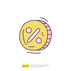 percentage discount coin icon sign symbol with doodle hand drawn style vector illustration