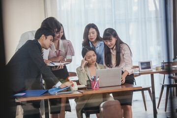 business team Asian congratulating Colleague, Marketing Analysis Accounting Team Teamwork Business Meeting Concept.