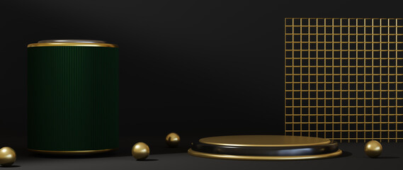 3d rendering of black podium pedestal isolated on black background, gold frame, memorial board, abstract minimal concept, luxury minimalist mockup