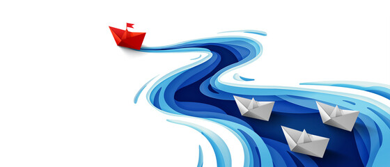 Success leadership concept, Origami red paper boat floating in front of white paper boats on winding blue river, Paper art design banner background