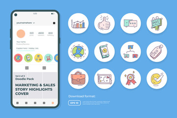 Business and marketing doodle icon illustration set for social media Highlight Stores Cover with fill color style vector illustration