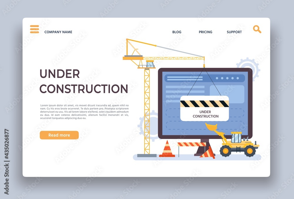 Wall mural website under construction. landing page of developing site with crane, bulldozer and barrier. webpa