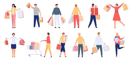 Fototapeta na wymiar Shopping people. Male and female consumers with shop bags, gift boxes and carts. Happy customer characters with purchase, cartoon vector set