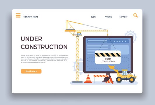 Website under construction. Landing page of developing site with crane, bulldozer and barrier. Webpage building work process vector template