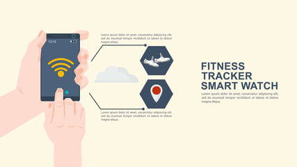 Iconography for flat style design, mobile phone in hand, fitness training app launches