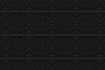 3D volumetric convex embossed geometric black background. Ethnic pattern with national oriental flavor. Abstract horizontal ornament for wallpaper, website, textile, presentation.