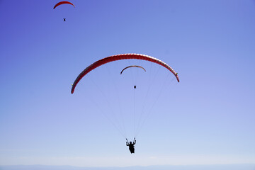 Paragliding in blue summer sky at the Puy de Dome France