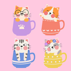 An illustration of a cute little cat in a cup