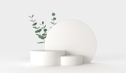 minimal product display design. Podium with green eucalyptus leaves. 3D Render