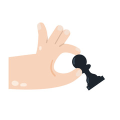 Hand hold chess piece. Board game. Tournament and intellectual competition. Black pawn. Checkmate. Modern trendy flat cartoon isolated on white