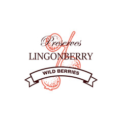 Hand drawn lingonberry logo with branch with leaves and berries isolated on white background. Vector illustration in sketch style