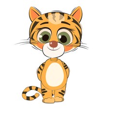 Little tiger cub. Isolated object on white background. Cheerful kind animal child. Cartoons flat style. Funny. Vector