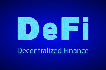 Defi - decentralized finance, text with printed circuit board. Techology of financial applications and services based on public blockchains. vector illustration