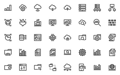 set of data analysis line icons, database, cloud computing, technology