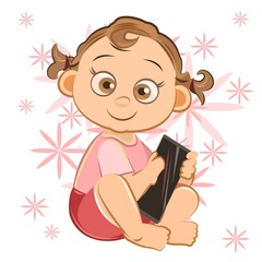 Little child. Girl. Sits playing on a smartphone. Isolated object on a white background. Cheerful kind funny. Cartoons flat style. Preschool age. Childhood Vector.