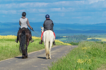 Zwei Reiterinnen auf einem Feldweg machen einen gemütlichen Ausritt bei schönem Frühlingswetter.