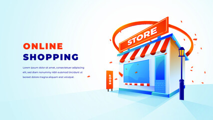 illustration 3d Store and online shopping, with clean elegant 3D design. Vector
