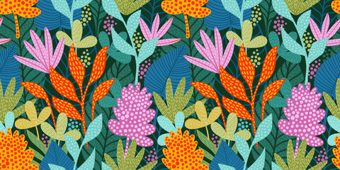 Bright funny seamless pattern with abstract leaves. Vector design - 435030856