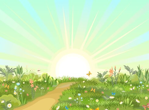Rural road obliquely to Green Glade. Summer flowers meadow. Trail. Juicy grass close up. Grassland. Sunrise. Country trip. Cartoon style. Flat design. Illustration vector art