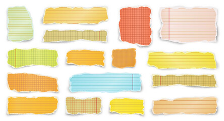 Ripped colorful paper strips. Realistic crumpled paper scraps with torn edges. Lined shreds of notebook pages. Vector illustration.