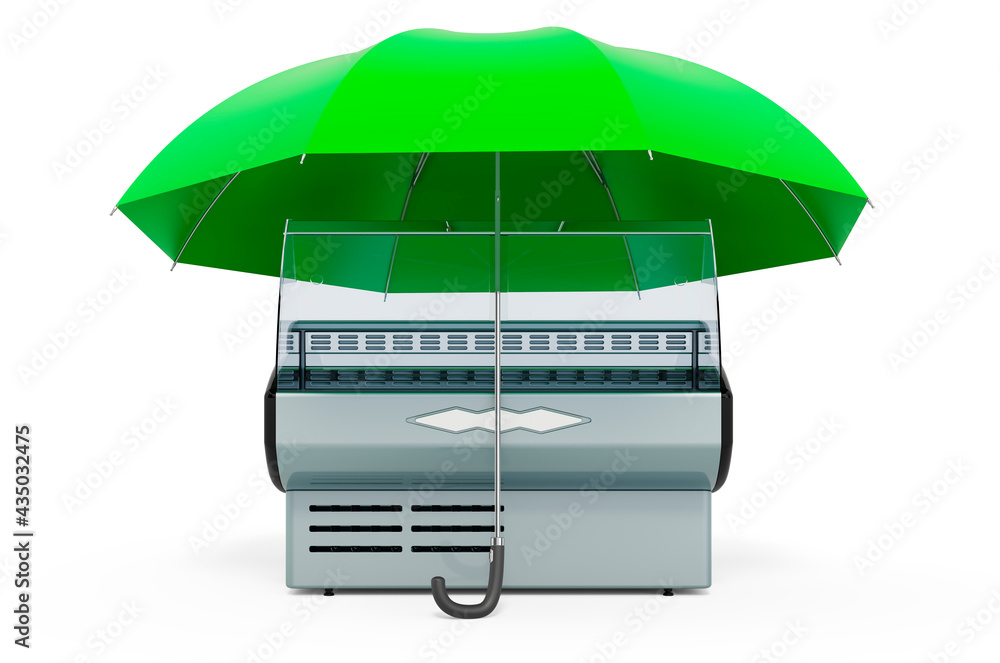 Poster refrigerated display case, showcase under umbrella. 3d rendering